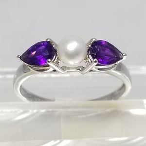 SS Amethyst and Pearl Ring Sz 9